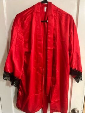 Red Satin Robe with Black Lace Trim - Women’s Intimates